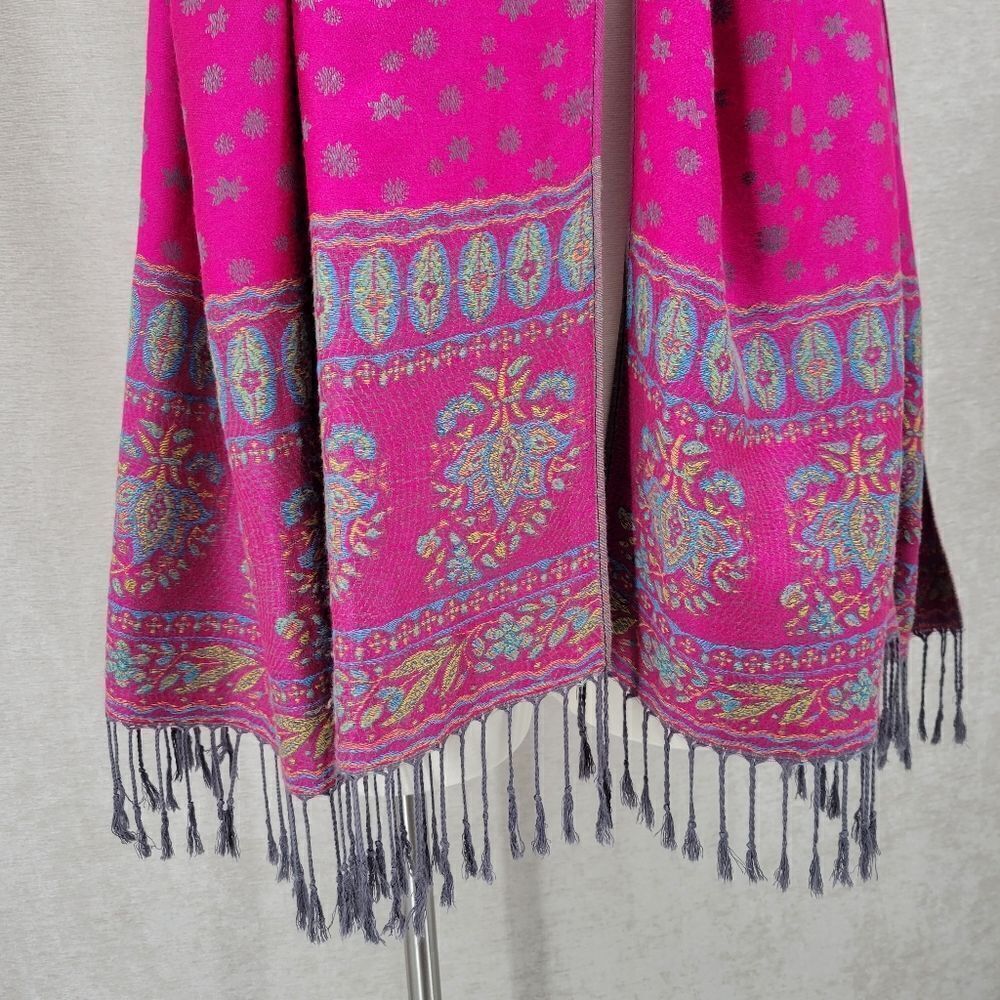100% Cashmere Kani Shawl Scarf Vivid Pink Teal Blue with Fringe - Picture 7 of 12